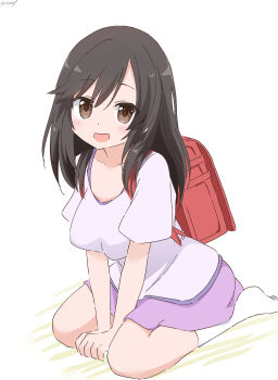 1girl artist_name back backpack bag black_hair blush breasts brown_eyes collarbone cynical_(llcbluckg_c004) dot_nose hair_between_eyes ichijou_hotaru legs long_hair looking_at_viewer medium_breasts no_shoes non_non_biyori open_mouth purple_skirt randoseru school_bag shirt short_sleeves simple_background sitting skirt socks solo t-shirt white_background white_socks