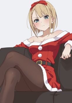 1girl 22/7 armchair belt black_belt blonde_hair blush bow breasts chair christmas commentary_request crossed_legs dress elbow_gloves embarrassed feet_out_of_frame furumoto gloves green_eyes grey_background hair_bow highres pantyhose saito_nicole santa_costume santa_dress short_hair simple_background sitting small_breasts solo sweat