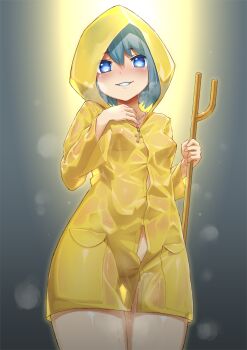 1girl bead_necklace beads blue_eyes blush breasts button_gap cane carbon12th coat covered_erect_nipples cowboy_shot cross cross_necklace grey_hair grin holding holding_staff jewelry jubilee_2025 long_sleeves looking_at_viewer luce_(jubilee_2025) naked_coat navel necklace raincoat rosary short_hair small_breasts smile solo staff teeth thigh_gap thighs yellow_raincoat