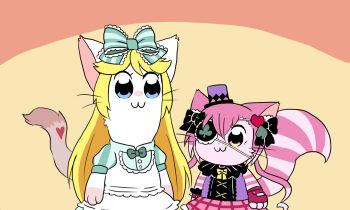 2girls :3 accurate_lolita_coord alice_(cat_busters) animal_ears black_bow blonde_hair blue_eyes body_fur bow cat_busters cat_ears cat_girl cat_tail cheshire_(cat_busters) classic_lolita club_(shape) commentary_request dress eyepatch flat_color furry furry_female green_bow green_dress hair_bow hair_ornament hat lace-trimmed_bow lace_trim lolita_fashion long_hair low_twintails mini_hat mini_top_hat multiple_girls parody poptepipic purple_eyes purple_fur purple_hair simple_background spade_hair_ornament striped_tail style_parody tail top_hat twintails upper_body very_long_hair wataboshi whiskers white_fur