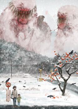 2girls animal bag bird black_hair blood blue_pants bus_stop child crow eating food fruit green_jacket highres holding_hands horror_(theme) illustrator_kota jacket japanese_macaque monkey multiple_girls original outdoors oversized_animal pants persimmon persimmon_tree power_lines railroad_crossing road scenery sign snow snowing surreal white_jacket wide_shot winter
