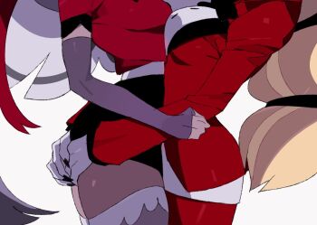 2girls arms_around_waist bilidongdong black_skirt charlie_morningstar clothes_lift colored_skin couple elbow_gloves fingerless_gloves formal_clothes gloves grey_skin hazbin_hotel head_out_of_frame hellaverse hug miniskirt multi-tied_hair multiple_girls red_suit simple_background skirt skirt_lift suit thighhighs thighs vaggie yuri