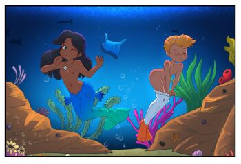 1boy 1girl black_hair blonde_hair blue_eyes blue_tail closed_eyes clothes_pull dakunart dark-skinned_female dark_skin flat_chest highres loli mermaid mermaid_costume mermaid_tail merman monster_boy monster_girl morik nipples one_eye_closed original shirt shota skinny_dipping swimming tail_pull topless_female underwater undressing unworn_shirt white_tail