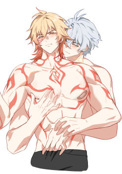 2boys absurdres antenna_hair arm_tattoo bandaid bandaids_on_nipples blonde_hair blue_eyes braid chest_tattoo facial_tattoo grabbing_from_behind gradient_hair hair_between_eyes hashtag-only_commentary highres honkai:_star_rail honkai_(series) jujeop male_focus medium_hair multicolored_hair multiple_boys mydei_(honkai:_star_rail) neck_tattoo nipple_piercing pasties pectoral_grab phainon_(honkai:_star_rail) piercing red_hair red_tattoo short_hair side_braid simple_background sun_symbol sun_tattoo tan tattoo topless_male white_background white_hair yaoi yellow_eyes