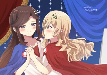 2girls blonde_hair blue_background blue_cape blush brown_hair cape closed_mouth commentary_request curtains eye_contact face-to-face flower gradient_background hair_flower hair_ornament hand_up highres holding_hands interlocked_fingers long_hair looking_at_another multiple_girls parted_bangs pink_eyes profile purple_eyes red_cape ringopai315 saijou_claudine shirt shoujo_kageki_revue_starlight side_cape sidelocks single_bare_shoulder sleeveless sleeveless_shirt smile song_name sparkle stage_curtains tendou_maya translated wavy_hair white_flower white_shirt yuri