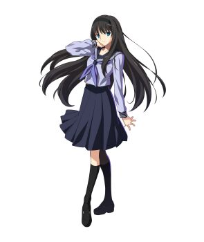 Rule 34 | 1girl, alternate costume, aqua eyes, aqua shirt, aqua sleeves, arm at side, black hair, black hairband, black shoes, black socks, blue neckerchief, blue pupils, blue sailor collar, blue serafuku, blue skirt, breasts, choppy bangs, collarbone, fingernails, frown, game cg, hairband, highres, kneehighs, legs apart, loafers, long hair, long sleeves, looking at viewer, medium breasts, medium skirt, melty blood, melty blood: type lumina, mizuumi (site), neckerchief, non-web source, official alternate costume, official art, open hand, petticoat, pleated skirt, sailor collar, school uniform, serafuku, shimoji shino, shirt, shoes, sidelighting, simple background, skirt, sleeve cuffs, slip showing, socks, solo, standing, straight hair, striped collar, takeuchi takashi, tohno akiha, transparent background, triple horizontal stripe, tsukihime, tsukihime (remake), type-moon, very long hair, voice actor connection