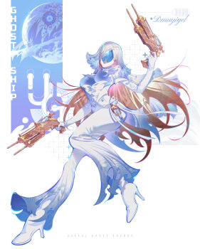 1girl absurdres androgynous blonde_hair breasts commentary_request english_text faceless fajyobore gun high_heels highres holding holding_gun holding_weapon hole_in_head jacket large_breasts long_hair original pants planet shoes simple_background solo sparkle torn_clothes veil weapon white_background white_jacket white_pants white_shoes white_veil
