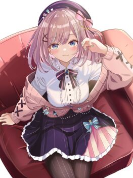 1girl :3 absurdres aqua_bow aqua_streaks badge beret black_bow black_bowtie blue_eyes blue_gemstone blush bow bowtie breasts brown_hair brown_pantyhose button_badge cardigan cardigan_partially_removed closed_mouth collared_shirt commentary couch fingernails from_above gem green_nails hair_ornament hairclip hat hat_bow highres koorizatou82 large_breasts long_sleeves looking_at_viewer medium_hair multicolored_hair multicolored_skirt nail_polish nijisanji on_couch pantyhose pink_bow pink_cardigan pink_skirt pink_streaks purple_hat purple_skirt shirt simple_background sitting skirt smile solo streaked_hair striped_bow striped_bowtie striped_clothes striped_pantyhose striped_skirt suzuhara_lulu suzuhara_lulu_(1st_costume) swept_bangs vertical-striped_clothes vertical-striped_pantyhose vertical-striped_skirt virtual_youtuber white_background white_shirt