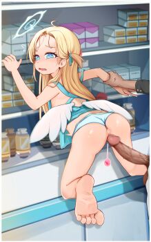 1boy 1girl against_wall age_difference angel apron arm_held_back blonde_hair blue_apron blue_archive blue_eyes blue_halo blue_panties blush censored clothing_aside dark-skinned_male dark_skin dot_nose embarrassed eyelashes feathered_wings feathers flat_chest full_body grabbing_another&#039;s_arm halo hetero imminent_penetration imminent_rape imminent_vaginal interracial kneeling leaning_forward loli long_hair looking_at_viewer looking_back mosaic_censoring nervous nipples open_mouth oscarlllll panties panties_aside penis pussy scared solo_focus sora_(blue_archive) toes underwear variant_set white_feathers wings