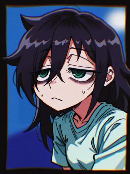 1girl bags_under_eyes black_hair exhausted green_eyes hair_over_one_eye highres kuroki_tomoko long_hair neet non-web_source sad shirt solo watashi_ga_motenai_no_wa_dou_kangaetemo_omaera_ga_warui! white_shirt