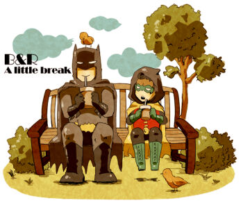 2boys batman batman_(series) bench bird brothers cape cup damian_wayne dc_comics dick_grayson drinking_straw hood male_focus multiple_boys park robin_(dc) siblings smile