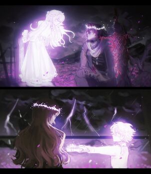 Rule 34 | 1boy, 1girl, black pants, brown coat, brown gloves, brown hair, catherine (project moon), coat, erlking heathcliff (project moon), field, flower, flower field, ghost, gloves, glowing, grave, grey scarf, head wreath, highres, limbus company, ling zhiyun, medium hair, pants, project moon, rain, scarf, storm, thunder, thunderstorm