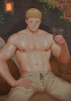 1boy bara blonde_hair brick_wall brown_pants bulge chewing drawstring dungeon_meshi eating food hand_on_own_thigh hand_up holding holding_food laios_touden large_bulge large_pectorals legs looking_down male_chest male_focus muscular muscular_male nipples pants pectoral_cleavage pectorals penguin_frontier sitting solo spread_legs thighs topless_male yellow_eyes