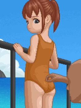 1boy 1girl animated ass black_eyes blue_sky brown_hair clothes_lift cloud day from_behind hetero loli looking_back ocean one-piece_swimsuit original outdoors pix_butt ponytail railing short_hair sky solo_focus swimsuit tagme ugoira video water