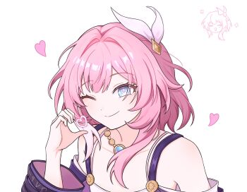 1girl ;) blue_eyes breasts coat commentary cook0363 cyrene_(aedes_elysiae)_(honkai:_star_rail) cyrene_(honkai:_star_rail) dress hair_ornament half-heart_hands highres honkai:_star_rail honkai_(series) looking_at_viewer multicolored_hair one_eye_closed pink_hair purple_coat short_hair simple_background small_breasts smile solo symbol-only_commentary two-tone_hair upper_body white_background white_dress white_hair