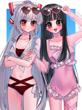 2girls alternate_costume bikini black_hair blush bow bowtie breasts closed_mouth collarbone commentary_request crossed_arms eyewear_on_head fujiwara_no_mokou grey_hair hair_bow heart heart-shaped_eyewear highres houraisan_kaguya leg_ribbon long_hair looking_at_viewer multiple_girls navel one-piece_swimsuit open_mouth pink-framed_eyewear pink_one-piece_swimsuit pink_ribbon red-framed_eyewear red_bikini red_eyes ribbon see-through_clothes see-through_sleeves shirt small_breasts smile sunglasses swimsuit tamiko_(tamik0224) thigh_ribbon tied_shirt touhou very_long_hair white_bow white_bowtie white_shirt
