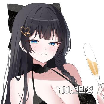 1girl bare_shoulders bikini black_bikini black_choker black_hair blue_eyes bow breasts champagne_flute choker cleavage collarbone cup drinking_glass grin hair_bow hair_ornament hairclip halterneck heart heart_hair_ornament highres holding holding_cup large_breasts long_hair looking_at_viewer nannung shirayuki_hina simple_background smile solo stellive string_bikini swimsuit upper_body virtual_youtuber white_background