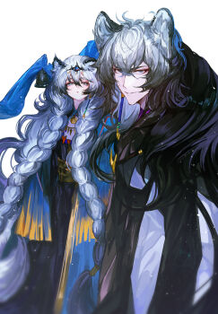 Rule 34 | 1boy, 1girl, absurdres, animal ear fluff, animal ears, arknights, bell, black hair, blue eyes, braid, brother and sister, commentary, dress, earrings, grey eyes, grey hair, hair between eyes, highres, jewelry, long hair, looking at viewer, multicolored hair, parted lips, pramanix (arknights), pramanix the prerita (arknights), siblings, side braids, silverash (arknights), silverash the reignfrost (arknights), simple background, smile, snow leopard boy, snow leopard ears, snow leopard girl, tassel, twin braids, untranslatable commentary, very long hair, white background, white hair, yuki flourish