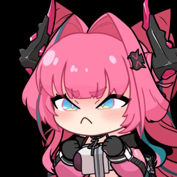 1girl acomu414 angry animated animated_gif arknights arknights:_endfield black_gloves black_horns blue_eyes blue_hair breasts chibi closed_mouth commentary_request dragon_girl dragon_horns drill_hair gloves hair_intakes hair_ornament horns jacket korean_commentary large_breasts multicolored_hair multicolored_horns pink_gloves pink_hair pink_horns pink_jacket simple_background solo streaked_hair thick_eyebrows transparent_background twin_drills twintails two-sided_gloves two-tone_hair two-tone_horns upper_body yvonne_(arknights)