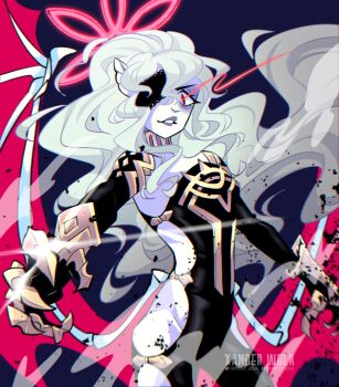 1girl animal_ears artist_name bat_wings black_bodysuit black_lips blue_background bodysuit breasts commentary embla_(fire_emblem) english_commentary eye_trail eyepatch fire_emblem fire_emblem_heroes gold_trim halo highres lace-trimmed_eyepatch light_trail lipstick long_hair makeup metal_gloves nintendo pointy_ears red_eyes skinny small_breasts solo twitter_username unkempt very_long_hair watermark wings xander_wolk