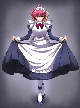 1girl absurdres ahoge apron blue_eyes bob_cut braid breasts closed_mouth clothes_lift commentary_request commission crown_braid dress dress_lift full_body grey_background hair_between_eyes hair_ribbon high_heels high_ponytail highres large_breasts long_hair long_sleeves looking_at_viewer lyrical_nanoha mahou_shoujo_lyrical_nanoha maid maid_apron maid_headdress mind_control neckerchief oshimaru026 pink_hair pixiv_commission ponytail puffy_long_sleeves puffy_sleeves red_neckerchief ribbon signum simple_background socks solo tachi-e white_socks yellow_ribbon