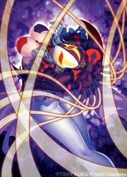 1girl blue_leotard breasts carnival_(wixoss) cleavage copyright_notice elbow_gloves gloves kutori_pan&#039;ya large_breasts leotard looking_at_viewer multicolored_leotard official_art pantyhose purple_gloves purple_skirt red_leotard skirt solo string two-tone_leotard two-tone_mask white_pantyhose wixoss