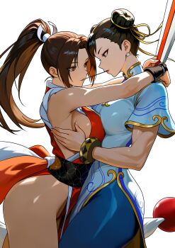 2girls absurdres arms_around_another's_neck arms_around_neck blue_dress breast_press breasts brown_eyes brown_hair capcom china_dress chinese_clothes chun-li double_bun dress fatal_fury female_focus food hair_bun hand_fan high_ponytail highres holding holding_fan hug japanese_clothes large_breasts matching_hair/eyes multiple_girls obi pelvic_curtain pocky pocky_kiss ponytail revealing_clothes sash shared_food shiranui_mai sidelocks simple_background snk street_fighter street_fighter_6 thighs white_background yagi2013 yuri