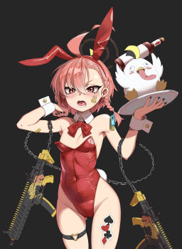 1girl absurdres ahoge akita_kang animal_ear_hairband animal_ears asymmetrical_hair bird black_background black_halo blue_archive bow bowtie braid breasts chain club_(shape) covered_navel cowboy_shot detached_collar diamond_(shape) fake_animal_ears gluteal_fold gun hairband halo highres huge_ahoge leotard mole mole_under_each_eye mole_under_eye multiple_moles neru_(blue_archive) neru_(bunny)_(blue_archive) orange_hair oversized_breast_cup peroro_(blue_archive) playboy_bunny rabbit_ears rabbit_tail red_bow red_bowtie red_eyes red_leotard side_braid sig_mpx single_braid small_breasts solo spade_(shape) strapless strapless_leotard submachine_gun tag tail tattoo thigh_strap weapon wrist_cuffs
