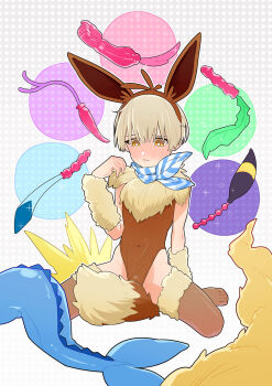 1boy anal_beads anal_tail blonde_hair blue_scarf blush brown_thighhighs butt_plug cosplay crossdressing crossdressing_(mtf) eevee eevee_(cosplay) espeon fake_tail flareon frown fur-trimmed_collar fur-trimmed_thighhighs fur_trim gen_1_pokemon gen_2_pokemon gen_4_pokemon gen_6_pokemon glaceon hand_up highres jolteon leafeon male_focus mubo nintendo original pokemon scarf school_uniform serafuku sex_toy sitting solo striped_clothes striped_scarf sylveon tail thighhighs trap umbreon vaporeon wariza white_background white_scarf yellow_eyes