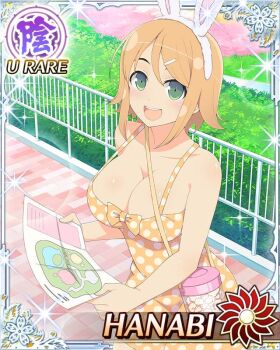 1girl :d amusement_park animal_ear_hairband animal_ears bag border breasts card_(medium) character_name cleavage day dress fake_animal_ears game_cg green_eyes hair_ornament hairband hairclip hanabi_(senran_kagura) holding holding_map large_breasts looking_at_viewer map medium_hair official_art open_mouth orange_dress orange_hair outdoors polka_dot polka_dot_dress rabbit_ear_hairband rabbit_ears senran_kagura senran_kagura_new_wave shoulder_bag smile solo