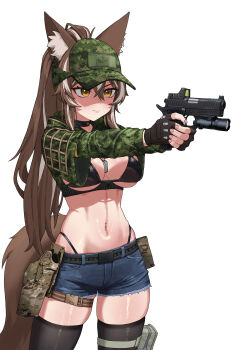 Rule 34 | 1girl, absurdres, black gloves, black thighhighs, breasts, brown eyes, brown hair, bt (user udwc7853), fingerless gloves, gloves, gun, handgun, highres, holster, large breasts, military, military combat uniform, military uniform, navel, original, ponytail, school uniform, simple background, tactical clothes, tactical school uniform, thigh holster, thighhighs, thighs, weapon, white background