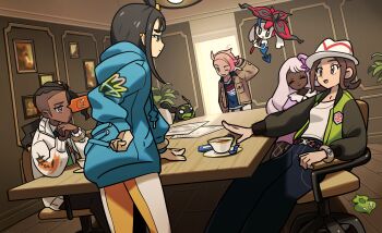2boys 3girls bell-bottoms black_hair blonde_hair brown_hair commentary_request dark-skinned_female dark_skin dress floette floette_(eternal) gen_4_pokemon gen_6_pokemon green_jacket harmony_(pokemon) hat highres himurohiromu jacinthe_(pokemon) jacket legendary_pokemon lida_(pokemon) mega_ring mega_stone multiple_boys multiple_girls naveen_(pokemon) nintendo open_clothes open_jacket pants pokemon pokemon_legends:_z-a purple_dress purple_hair rotom rotom_phone shirt short_hair striped_hat tea urbain_(pokemon) white_hat white_shirt zygarde zygarde_(10) zygarde_cell