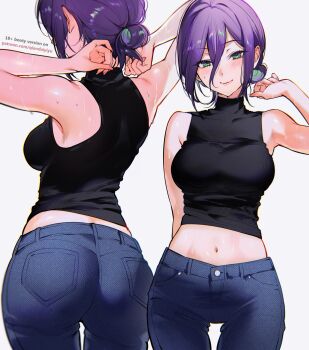 1girl black_shirt blue_pants breasts chainsaw_man green_eyes grey_background hair_up highres large_breasts looking_at_viewer midriff multiple_views navel pants purple_hair qiandaiyiyu reze_(chainsaw_man) shirt sleeveless sleeveless_shirt smile sweat
