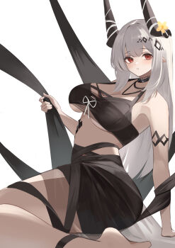 1girl absurdres arknights bikini black_bikini black_horns breasts cleavage commentary flower highres horns large_breasts long_hair looking_at_viewer material_growth mudrock_(arknights) mudrock_(silent_night)_(arknights) official_alternate_costume oripathy_lesion_(arknights) parted_lips pointy_ears red_eyes remapack77 simple_background sitting solo swimsuit white_background white_hair yellow_flower