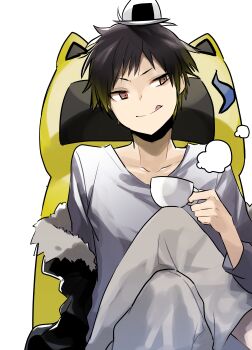 1boy :q absurdres black_hair black_jacket brown_eyes brown_hair collarbone crossed_legs cup durarara!! food fur-trimmed_jacket fur_trim grey_pants grey_shirt highres holding holding_cup jacket long_sleeves male_focus multicolored_hair object_on_head onigiri orihara_izaya pa_yashi pants shirt short_hair simple_background sitting smile solo steam teacup tongue tongue_out white_background white_shirt