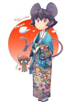 Rule 34 | 1girl, 2020, absurdres, animal ears, arrow (projectile), chinese zodiac, commentary request, daitai konna kanji, full body, grey hair, hamaya, highres, japanese clothes, kimono, looking at viewer, mouse ears, mouse girl, mouse tail, nazrin, new year, red eyes, sandals, short hair, smile, solo, tabi, tail, touhou, year of the rat, zouri