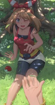 1girl absurdres arm_support bare_shoulders belt bike_shorts black_shorts blue_eyes blush breasts brown_hair collarbone dappled_sunlight day feet_out_of_frame fingernails free_style_(yohan1754) grass hair_ribbon highres long_hair looking_at_viewer may_(pokemon) medium_breasts nintendo on_grass on_ground one_eye_closed open_mouth outdoors poke_ball pokemon pokemon_oras pouch pov pov_hands red_tank_top ribbon shorts sitting smile solo_focus sunlight tank_top tree