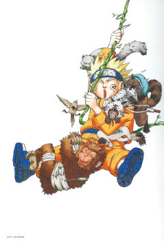 1boy bird blonde_hair blue_boots blue_hat boots facial_mark forehead_protector hat highres jacket kishimoto_masashi konohagakure_symbol male_focus monkey naruto_(classic) naruto_(series) official_art open_mouth orange_jacket orange_pants pants plant short_hair simple_background sunglasses swinging_on_vine uzumaki_naruto vines whisker_markings white_background