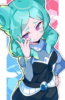 1girl aqua_hair beta_(inazuma_eleven) breasts grabbing_own_hair grey_shirt hand_on_own_hip highres holding_own_hair inazuma_eleven_(series) inazuma_eleven_go inazuma_eleven_go_chrono_stone medium_breasts omochishiki purple_eyes shirt smile solo