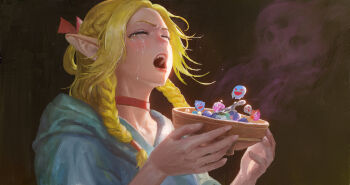 1girl absurdres blonde_hair bowl braid brown_background capelet choker closed_eyes commentary crying dungeon_meshi elf english_commentary eyelashes floating_hair food from_side ghost hair_tubes half_up_braid half_updo hands_up highres holding holding_bowl hood hood_down hooded_capelet liquid long_hair marcille_donato mixed-language_commentary multiple_braids open_mouth parted_bangs pointy_ears side_braid solo upper_body xianggang_jizhe