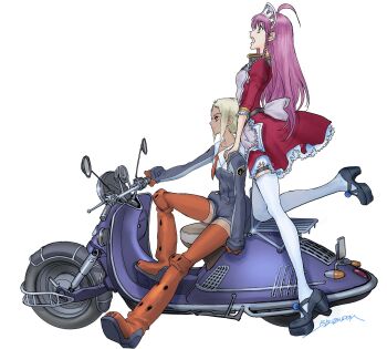 Rule 34 | 2girls, black footwear, black jumpsuit, blonde hair, boots, braid, breasts, brown footwear, cowlick, dress, green eyes, high heels, highres, jumpsuit, lal'c mellk mal, long hair, moped, motor vehicle, multiple girls, nono (top wo nerae 2!), open mouth, pink hair, red dress, short hair, side braid, sitting, small breasts, smile, surprised, thigh boots, thighhighs, top wo nerae! (series), top wo nerae 2!, white thighhighs, yonemura kouichirou