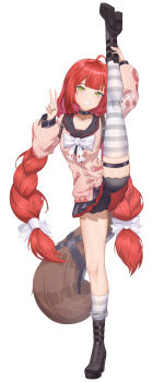 1girl absurdres ahoge asymmetrical_legwear black_panties braid cardigan full_body green_eyes grin highres light_blush long_hair looking_at_viewer low_twin_braids mismatched_legwear panties pink_cardigan raccoon red_hair shixi simple_background single_thighhigh skindentation smile socks solo split standing standing_on_one_leg standing_split striped_clothes striped_socks striped_thighhighs thigh_strap thighhighs twin_braids ukinami_yuzuha underwear v vertical-striped_clothes vertical-striped_socks vertical-striped_thighhighs white_background zenless_zone_zero