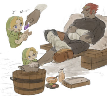 >:) 2boys age_difference arm_wrap black_nails black_pants black_shirt blonde_hair blue_eyes boots bowl bucket cropped_torso crossed_arms crossed_legs dark-skinned_male dark_skin feet foot_focus forehead_jewel full_body ganondorf gem giving green_hat grrr0111 hair_slicked_back hand_on_another's_leg hands_up happy hat height_difference jug_(bottle) leaning_back link male_focus multiple_boys muscular muscular_male musical_note nintendo no_armor open_mouth orange_boots pants pillow pointy_ears red_hair rupee_(zelda) shirt short_hair single_bare_foot sitting smile spoken_musical_note stone_floor the_legend_of_zelda the_legend_of_zelda:_ocarina_of_time tight_clothes tight_shirt v-shaped_eyebrows washbowl washing_another wooden_bucket yellow_gemstone young_link