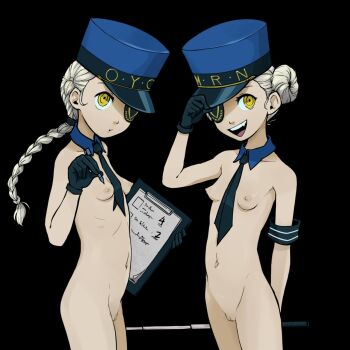 2girls baton_(weapon) black_background blonde_hair blue_hat braid breasts caroline_(persona_5) cleft_of_venus clipboard detached_collar expressionless eyepatch gnsisir hat highres justine_(persona_5) loli looking_at_viewer multiple_girls nipples nude paper pen persona persona_5 pussy siblings sisters small_breasts smile twins weapon yellow_eyes