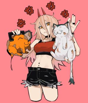 1girl absurdres angry animal black_choker black_shorts chainsaw_man choker commentary crop_top cross-shaped_pupils demon_horns dirty english_commentary highres holding holding_animal horns long_hair meowy_(chainsaw_man) midriff navel_piercing orange_hair piercing pochita_(chainsaw_man) power_(chainsaw_man) red_shirt sailen0 shirt shorts symbol-shaped_pupils