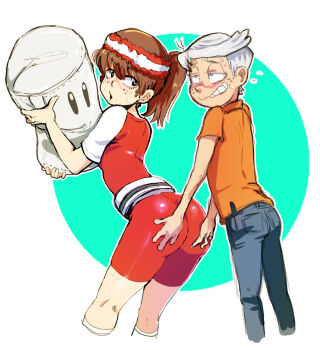 1boy 1girl animification ass ass_grab blush brother_and_sister brown_hair cropped_legs denim feet_out_of_frame flying_sweatdrops freckles green_background half-closed_eyes headband hetero high_ponytail huge_ass incest jcm2 jeans leaning_forward lincoln_loud loli looking_at_another looking_back looking_to_the_side lynn_loud molestation nintendo orange_shirt pants polo_shirt ponytail sandbag shirt short_hair shota siblings simple_background standing super_smash_bros. sweat the_loud_house two-tone_background white_background white_hair white_sleeves