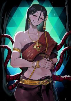 1girl black_hair breasts earrings hair_ornament highres how_to_date_an_entity_(and_stay_alive) jewelry large_breasts long_hair looking_at_viewer midriff mrs._(how_to_date_an_entity) navel original pale_skin sfour_s4 single_bare_shoulder sleeveless smile solo standing tentacles thai_clothes