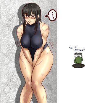... 1boy 1girl around_corner artist_self-insert bare_shoulders between_legs black_hair blush breasts covered_erect_nipples curvy embarrassed hand_between_legs hiding knees_together_feet_apart large_breasts leotard long_hair m.u.g.e.n original pigeon-toed scar sendai_hakurei_no_miko sendai_hakurei_no_miko_(m.u.g.e.n) skin_tight solo_focus taikyoku_tsurugi touhou translation_request wide_hips