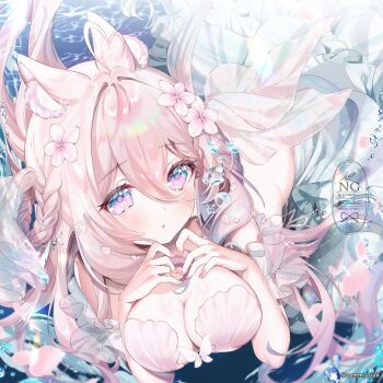 1girl ahoge animal_ear_fluff animal_ears bikini blue_eyes braid breasts bubble chi_no cleavage commission flower gradient_eyes hair_flower hair_ornament heart heart_ahoge highres indie_virtual_youtuber large_breasts multicolored_eyes multicolored_hair pink_eyes pink_flower shell shell_bikini skeb_commission solo swimsuit virtual_youtuber whiffairy_(vtuber)