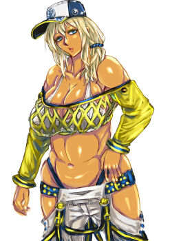 1girl baggy_pants baseball_cap bra breasts cleavage curvy dark-skinned_female dark_skin green_eyes hand_on_own_hip hat highleg highleg_panties highres large_breasts lips looking_at_viewer low_ponytail open_mouth panties pants parted_lips ponytail pubic_tattoo revealing_clothes rinalia_kuo see-through_clothes shiny_skin sideboob simple_background solo sou2180 super_robot_wars super_robot_wars_dd sweater tattoo thong underboob underwear white_background wide_hips